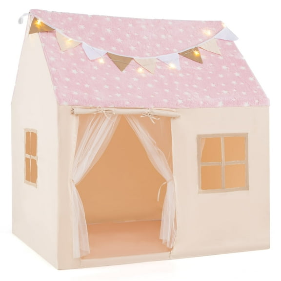 INFANS Kids Play Tent with Fluorescent Roof Washable Mat Star Light Colorful Flag Windows, Anti-Trip Large Playhouse Toys for Children Boys Girls, Indoor Outdoor Princess Tents Castle for Toddlers