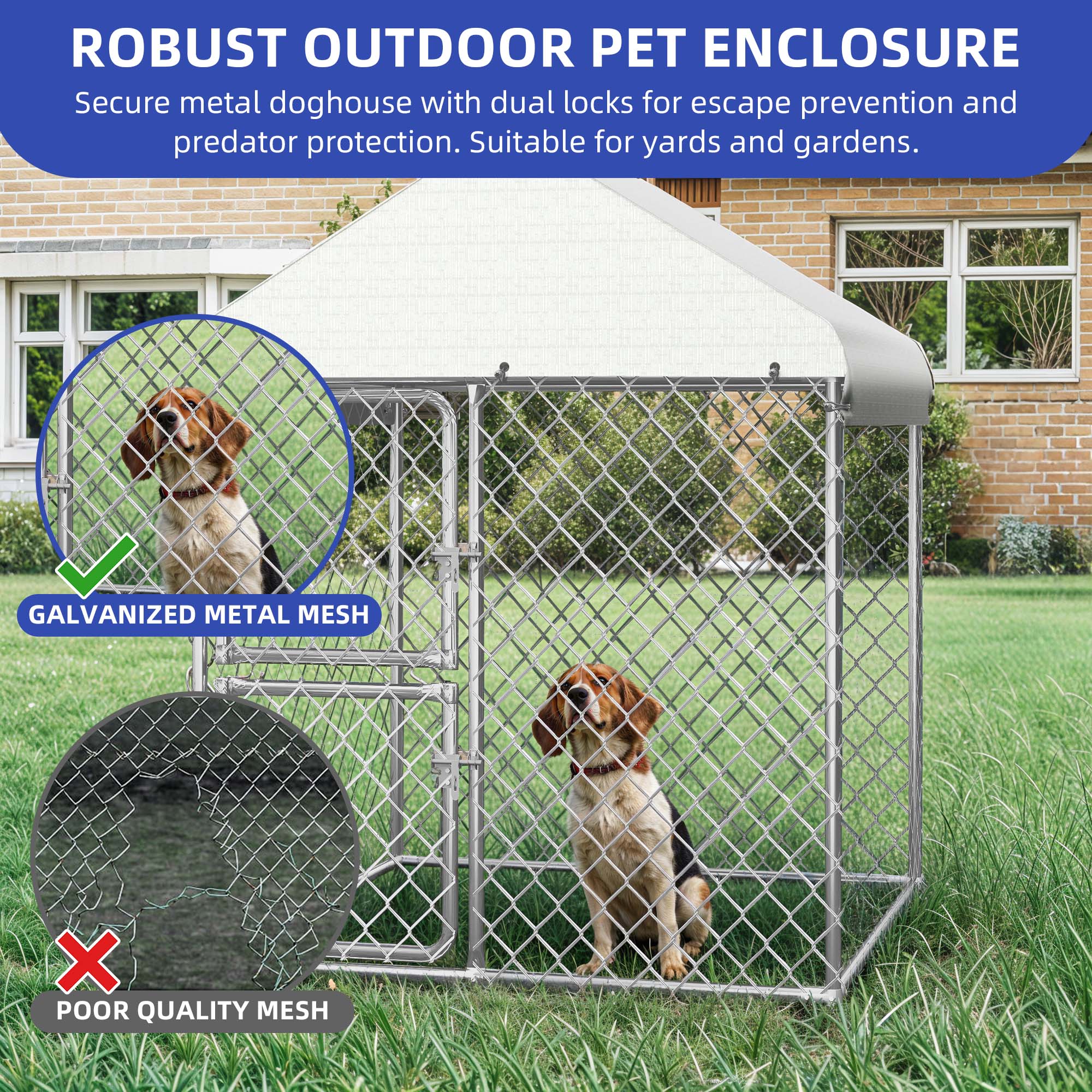 ModFusion 48" Outdoor Dog Kennel with Roof – Heavy-Duty Galvanized Steel & Knotted Mesh Pet Cage, UV-Protective & Water-Resistant Cover, Dual-Door Lock, Silver
