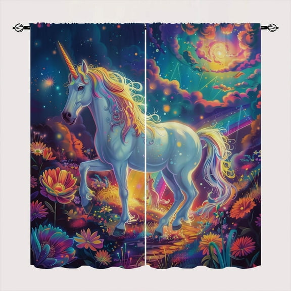Fantasy Unicorn Blackout Curtains for Kid Girls Boys Bedroom, Enchanted Forest Rainbows Flower Rod Pocket Curtains for Bedroom Living Room, W84 x L84 Inch