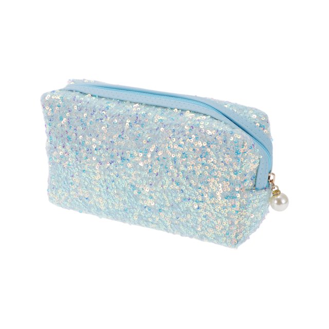 Bolsita de maquillaje portátil con lentejuelas brillantes para mujeres, ideal para viajes de negocios y vacaciones, color poliéster azul