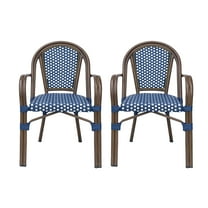 Symonds Outdoor French Bistro Chairs, Set of 2, Navy Blue, White, and Brown Wood