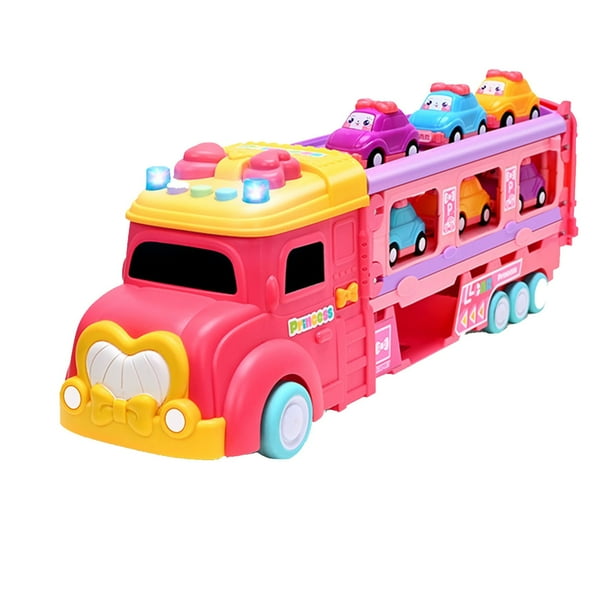 Coches de juguete para niñas de 2 a 7 años. Pista plegable para 2 jugadores. Modo carrera. Incluye luces y sonido. Camión transportador con 6 coches de princesa y vehículos de construcción.