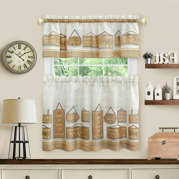 Kitchen Comfort Modern Farmhouse Tier and Valance Window Curtain Set - 58x24 - Tan