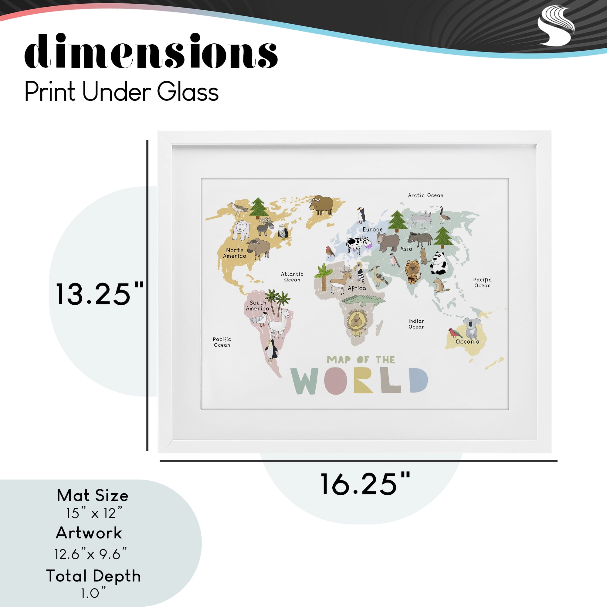 Map Of World Pastel Animals White Framed Print Under Glass, design by Carla Daly