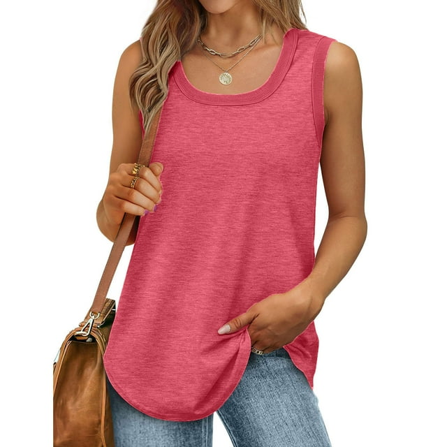 QUINDOS Womens Tops Hot Pink Ribbed Summer Solid Color Round Neck Sleeveless Casual Tee Tank Womens Tank Tops