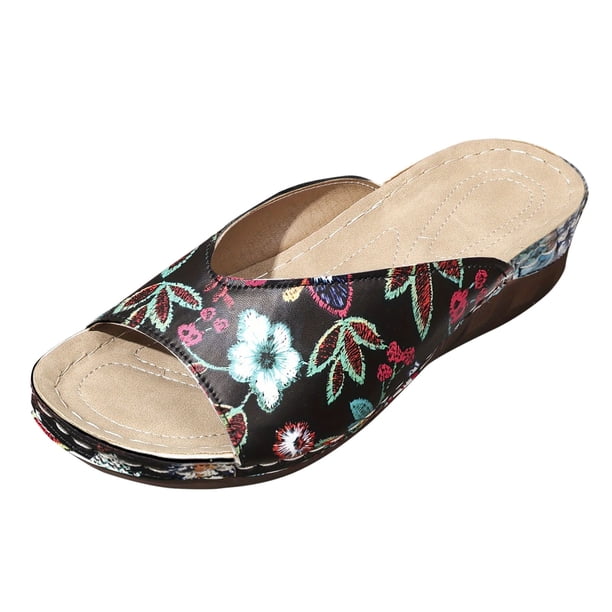 Bmisegm Ladies Summer Retro Colour Blocking Flowers Leather Hollow Breathable Slope with Thick Bottom Large Size Fish Mouth Sandals Slippers Sandals Women Summer Black 7.5