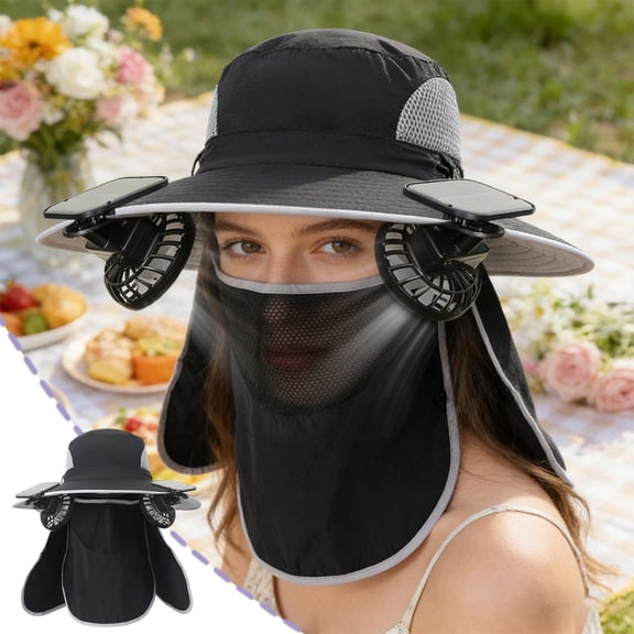 Solar Powered Sun Hat with Fan, 3-Speed USB Rechargeable Wide Brim Hat, Breathable Mesh Neck Cover, Waterproof for Outdoor Hiking Fishing & Gardening, Black