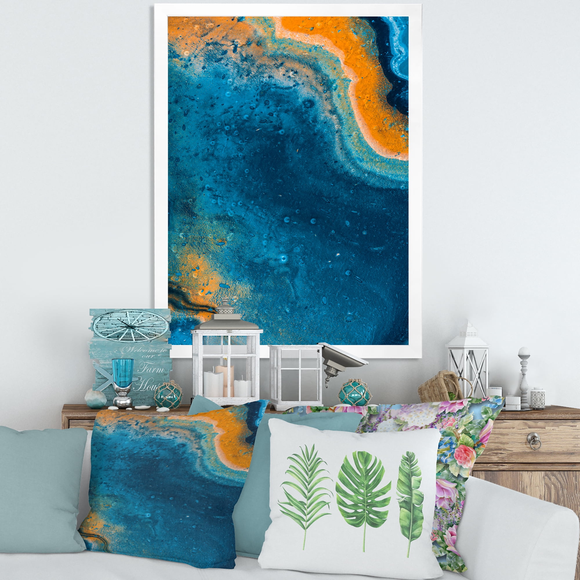 Designart 'Abstract Marble Composition In Orange and Blue V' Modern Framed Art Print