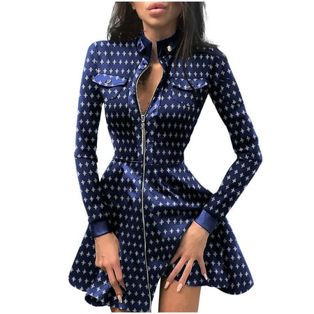 

Follure Dresses for ladies Women s Short Skirt Zipper High Neck Print Sexy Mini Dress Long Sleeves Blue XXL