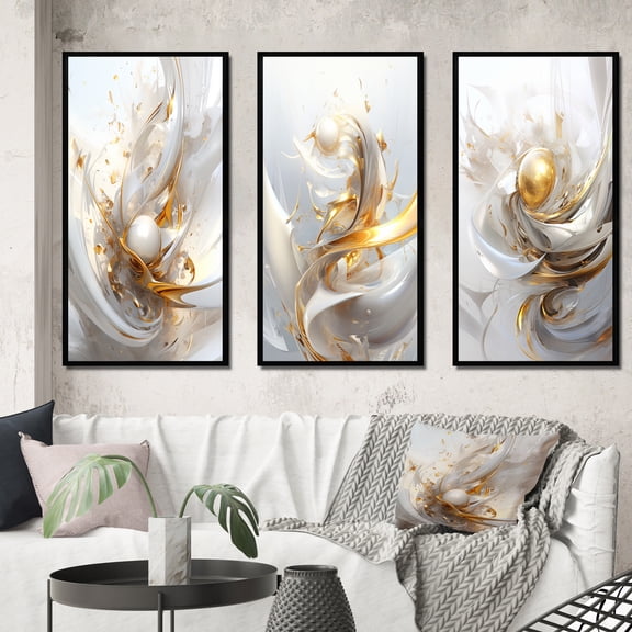 Designart "Gold Sphere on White Fractal Delight II" Fractals Framed Wall Art Set Of 3 - Gold Transitional Frame Gallery Wall Set For Home Decor