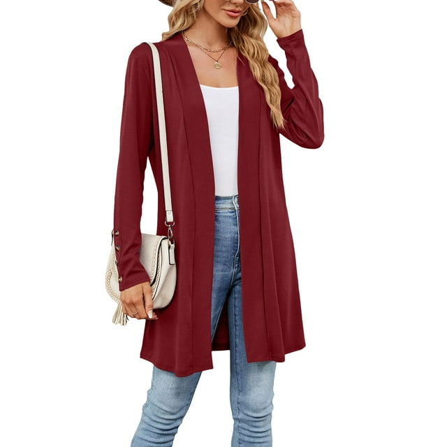 Sunloudy Women's Spring Autumn Long Cardigan Solid Color Casual Long Sleeve Open Front Cardigan Jacket