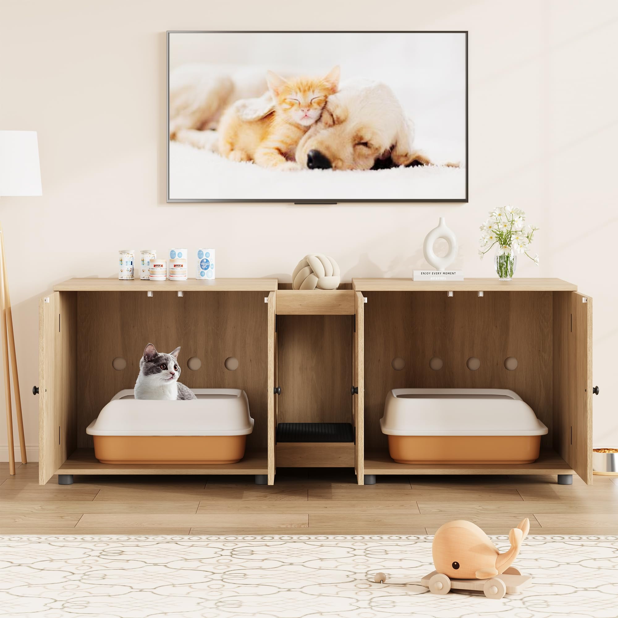 TROPOW Cat Litter Box Enclosure 55.1" Double Litter Box Furniture Large Cat Box Enclosure Kitty Litter Box for 2 Cats Hidden Cat Litter Cabinet Double Cage with Cat Litter pad Rattan Door,Wood Color