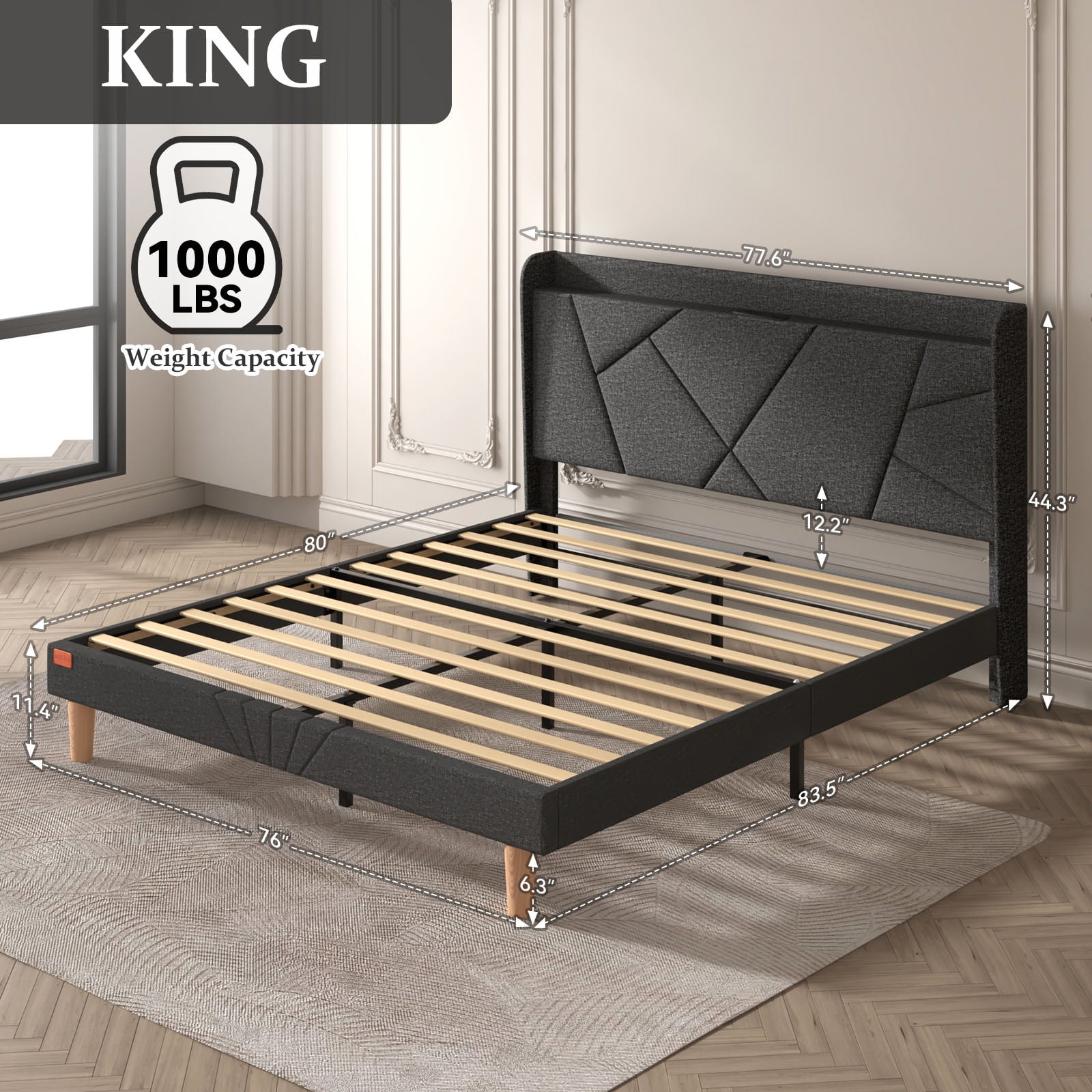 NISIEN King Size Bed Frame with Charging Station, King Upholstered Platform Bed with Wingback Storage Headboard, Dark Gray