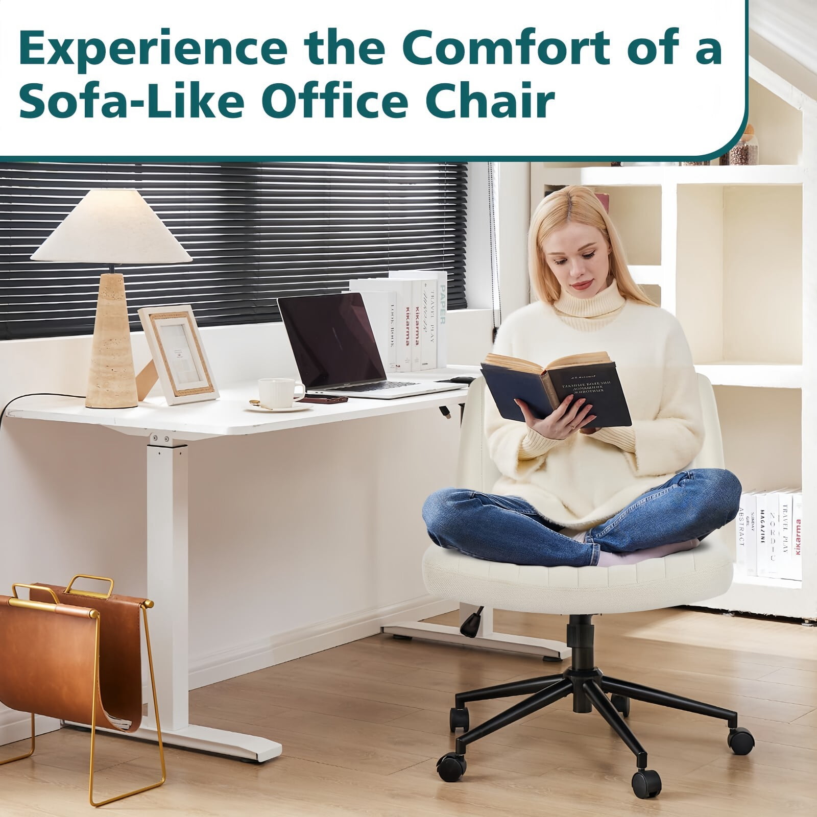Kelno Armless Criss Cross Office Chair with Wheels 300lb Capacity Wide Seat Cross Legged Desk Chair Height Adjustable Swivel Vanity Chair, Beige Linen