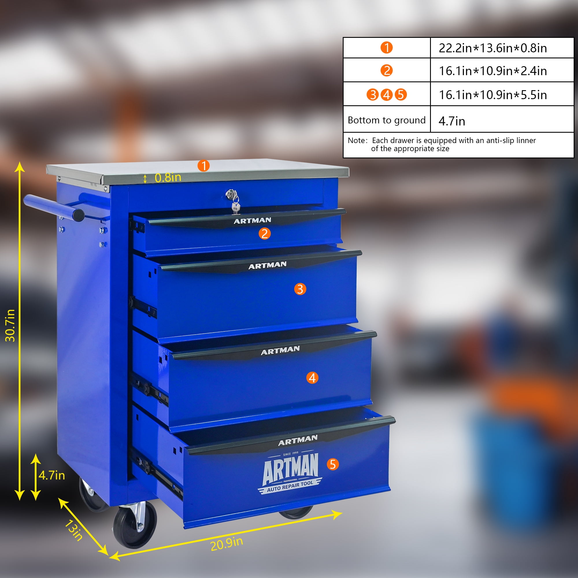 ARTMAN 4 Drawers Steel Storage Rolling Tool Chest Cabinet Cart with Wheels and Stainless Steel Roof for Workshop Garage Warehouse