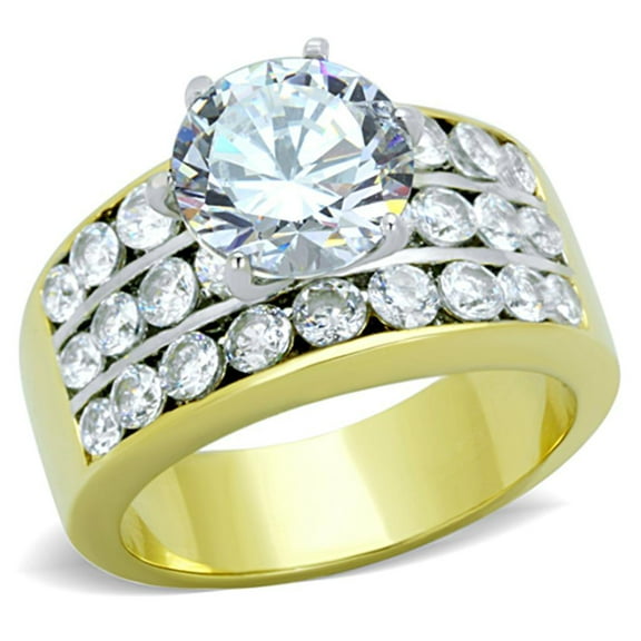 Womens Gold Rings Two-Tone IP Gold (Ion Plating) Stainless Steel Ring with AAA Grade CZ in Clear TK1553