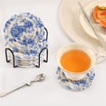 thumbnail image 5 of Haosy Set of 6 Drink Woven Coaster with Holder Heat Resistant Non-Slip Bar Coasters 4 Inches Blue White Porcelain with Roses, 5 of 7