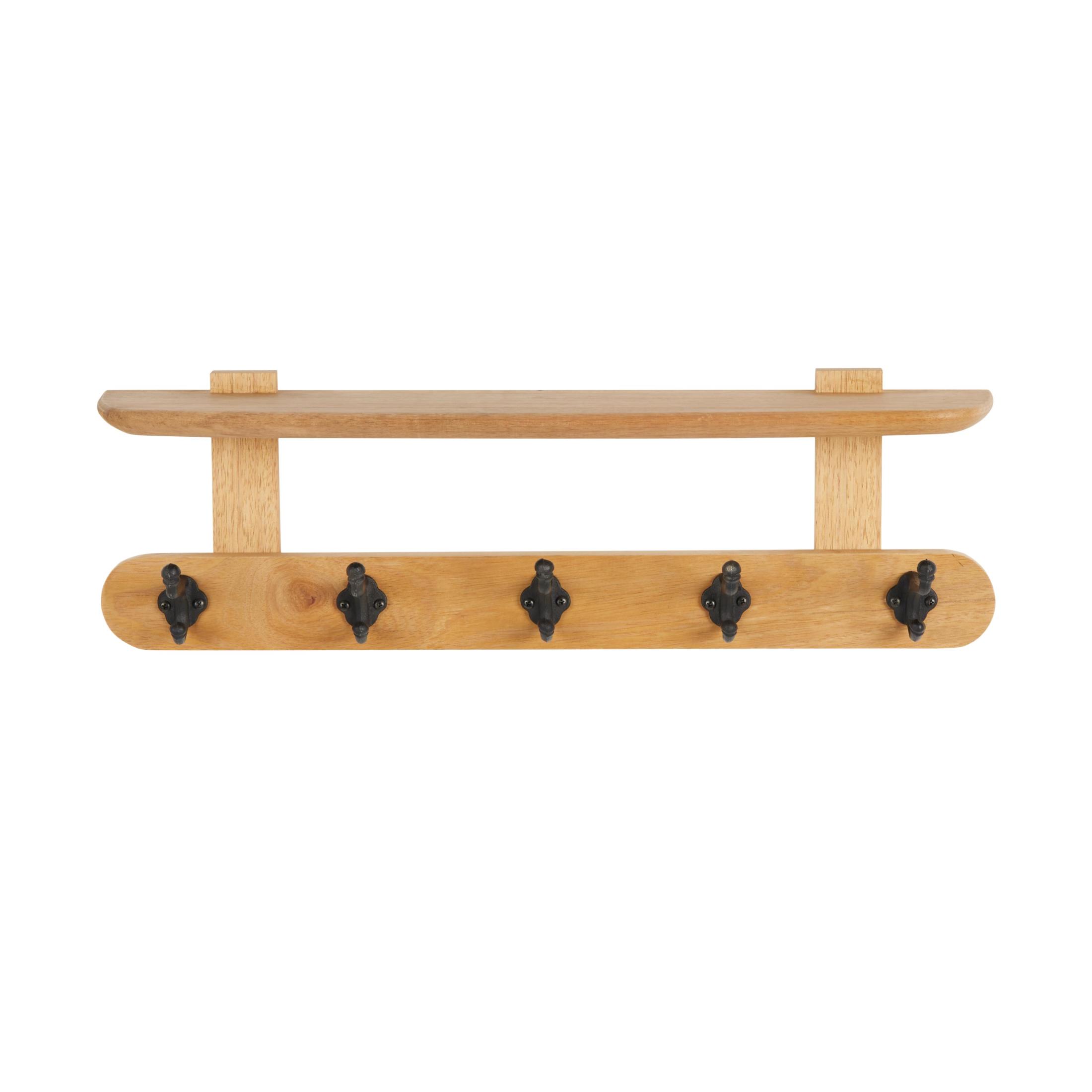 DecMode 26" x 8" Brown Mango Wood Handmade Single Shelf Wall Hook with 5 Hooks, 1-Piece