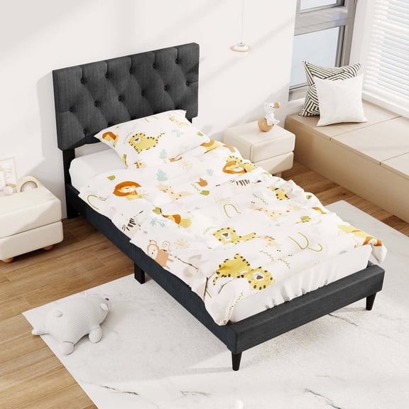 Costway Twin Size Bed Frame with Button-Tufted Headboard & Wooden Slats Easy Assembly