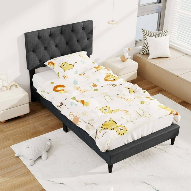 Costway Twin Size Bed Frame with Button-Tufted Headboard & Wooden Slats Easy Assembly