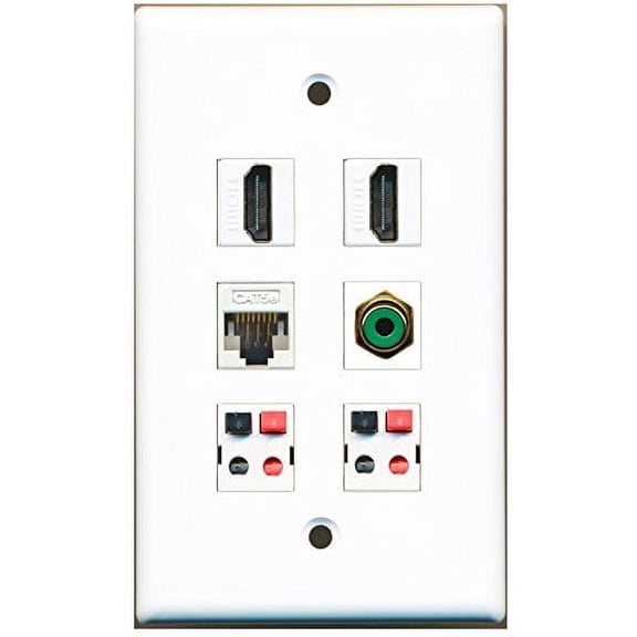 RiteAV - 2 HDMI 1 Port RCA Green 1 Port Cat5e Ethernet White 2 Port Speaker Wall Plate