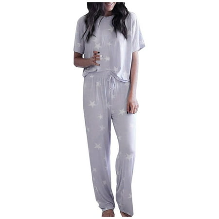 

Spftem Women Printed Sleepwear Round Neck Short Sleeve Tops with Long Pants Pajama Set