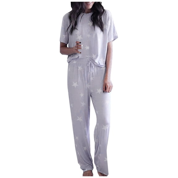 Gkeoshab Womens Pajama Sets Silk Pajamas for Men Women Printed Sleepwear Round Neck Short Sleeve Tops with Long Pants Pajama Set Sleepdress