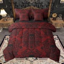 Homewish Retro Damask Jacquard 7 Pieces Bedding Comforter Set,Baroque Flower Floral Full Bedding Set,Red Black Gorhic Skull Fitted Sheet Flat Sheet,Super Cozy Room Decoration Reversible