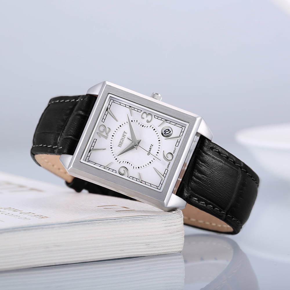 BERNY Square Watches for Men, Vintage Quartz Analog Leather Watch with Date Calendar, Stainless Steel, Waterproof, Dress Mens Wrist Watch Gifts (White)