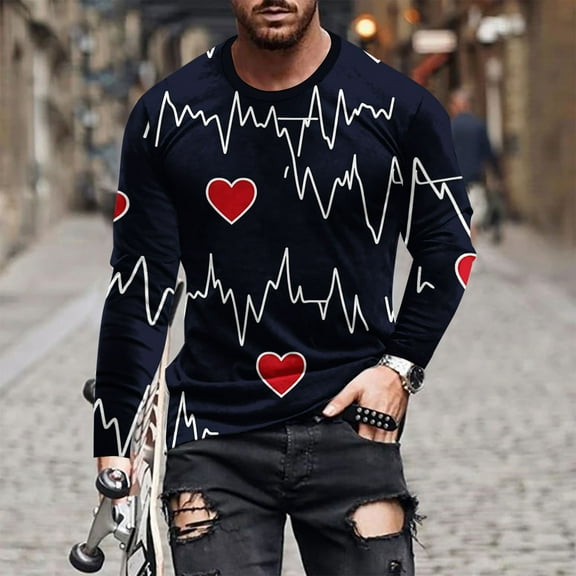 HaoXianJian Valentine's Day T Shirts for Men Cute Heart Print Graphic Tees Casual Long Sleeve Top Funny Pullover Blouse Casual Valentines Gifts Plus Size 2X 3X 4X