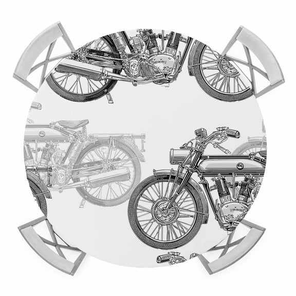 Elastic Fitted Round Tablecloth, Black White Motorcycles Waterproof Stretch Table Cover for 55"-60" Tables, Modern Hand-Painted Vehicles Washable Outdoor Tablecloths for Patio, Picnic, Camping