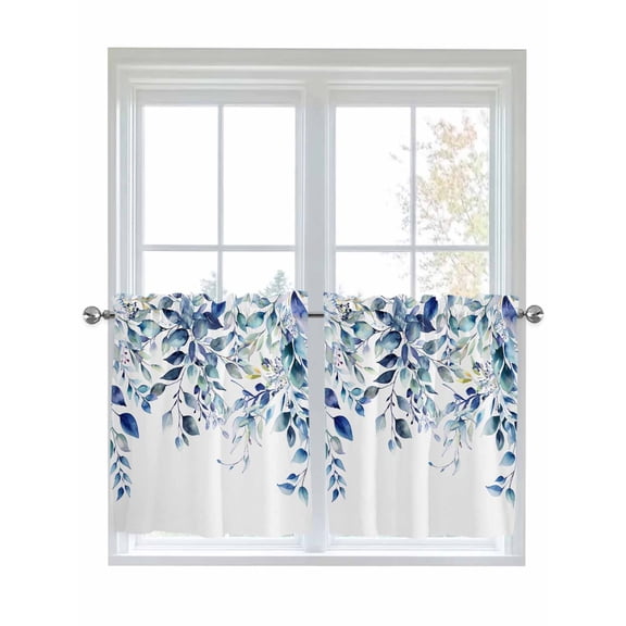 Half Window Curtain 36 Inches Long, Blue Teal Eucalyptus Leaves Window Treatment Curtain Drapes, Watercolor Weeping Botanical Small Tier Curtains for Bathroom Over Sink, 27.5"x36", 2 Panels