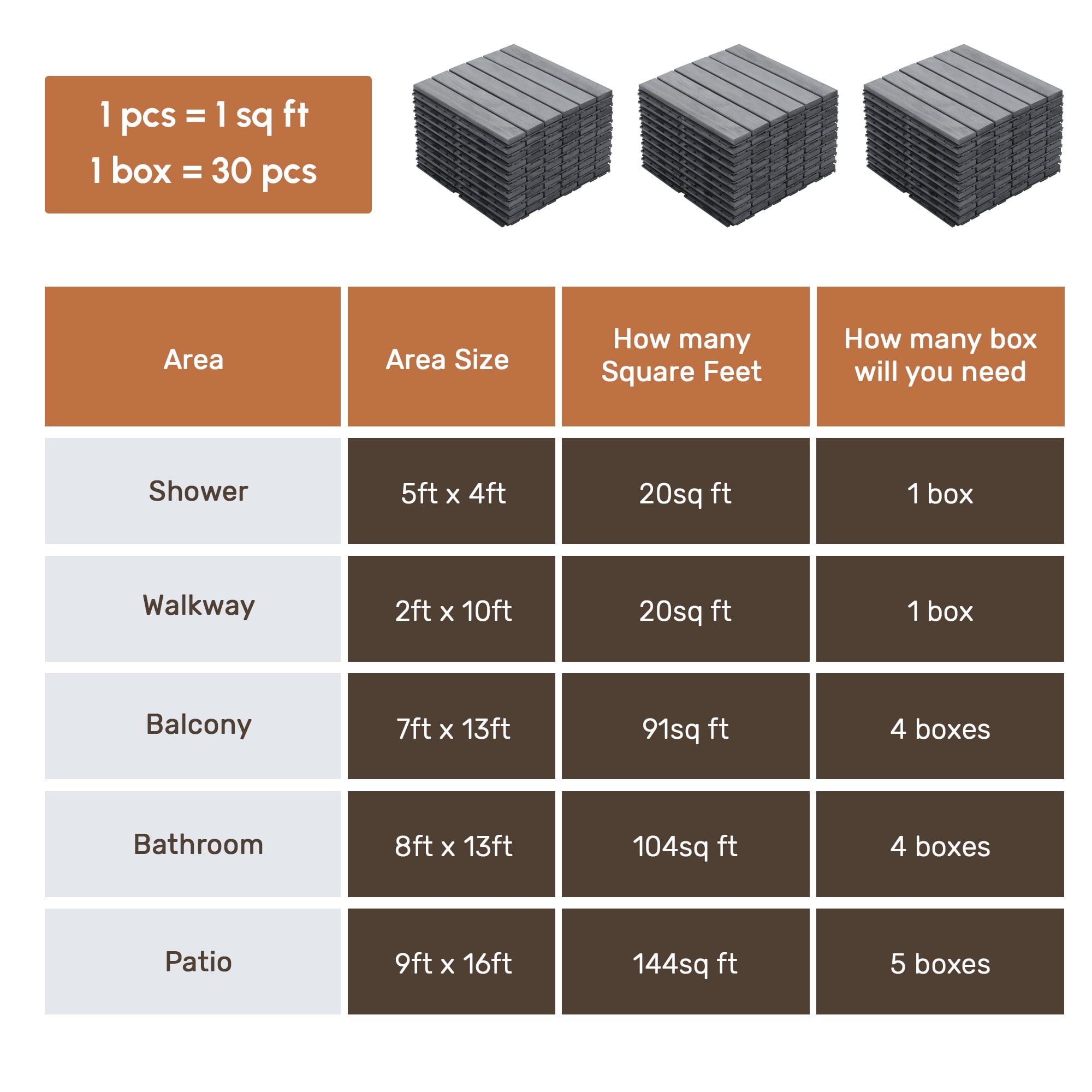 Acacia Wood Deck Tiles, 30 PCS 12x12 Inch Striped Hardwood Tiles for Patio Balcony Backyard Garden, Light Gray