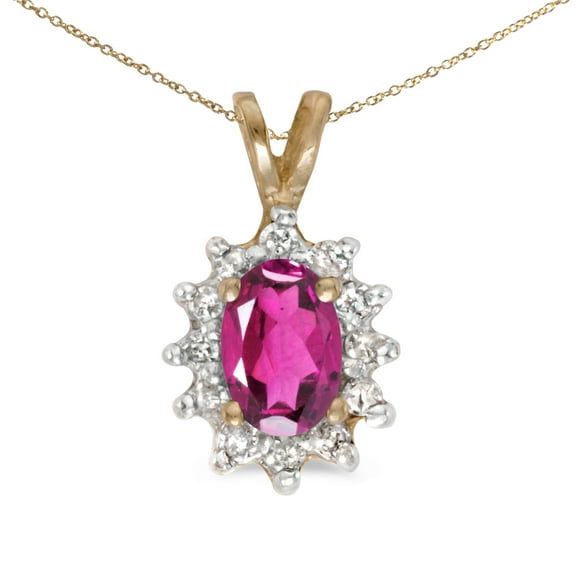 14k Yellow Gold Oval Pink Topaz And Diamond Pendant with 18" Chain