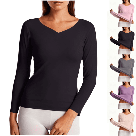 Long Sleeve Shirts for Women V Neck Thermal Underwear Tops Double Brushed Seamless Soft Warm Fall Winter Base Layer,Sizes S-3XL