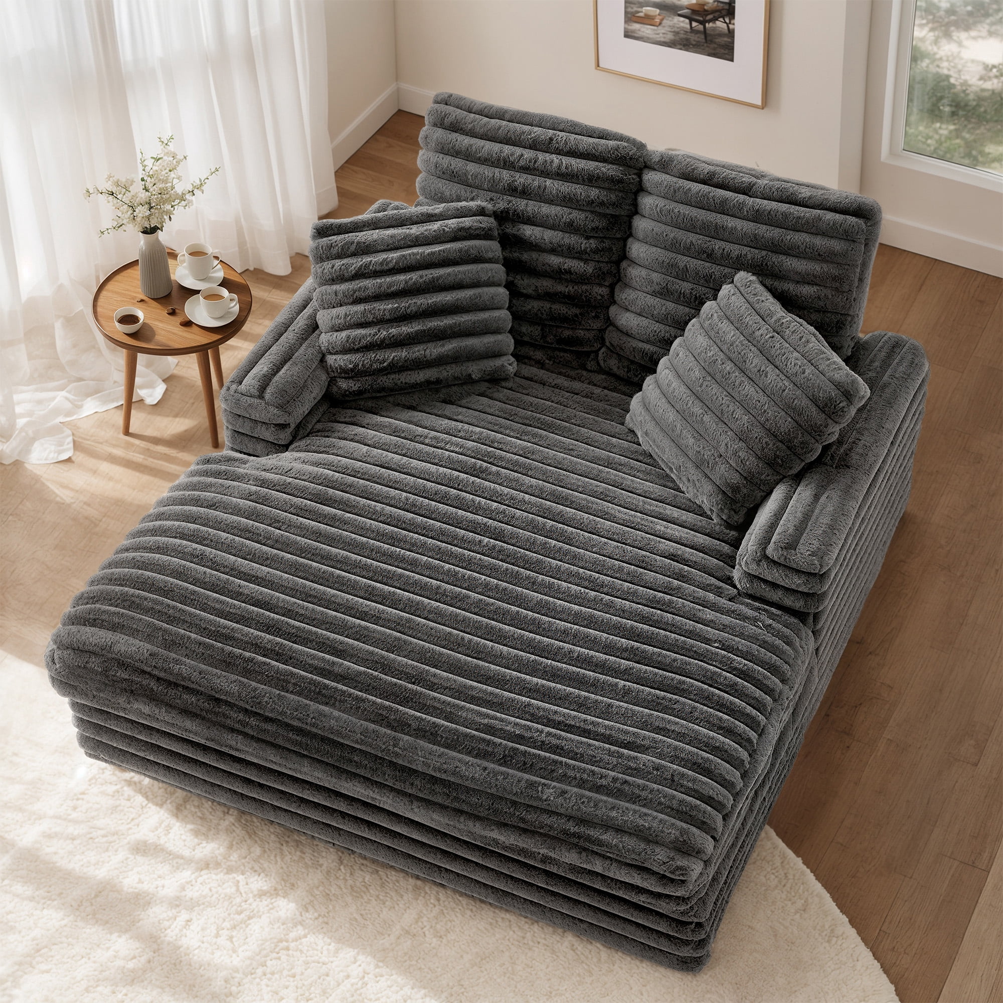 Gelloan Oversized Chaise Lounge Chair Indoor, Upholstered Sofa Bed with Throw Pillows and Armrests, Sleeper Chair for Living Room, Bedroom,Light Grey,Corduroy