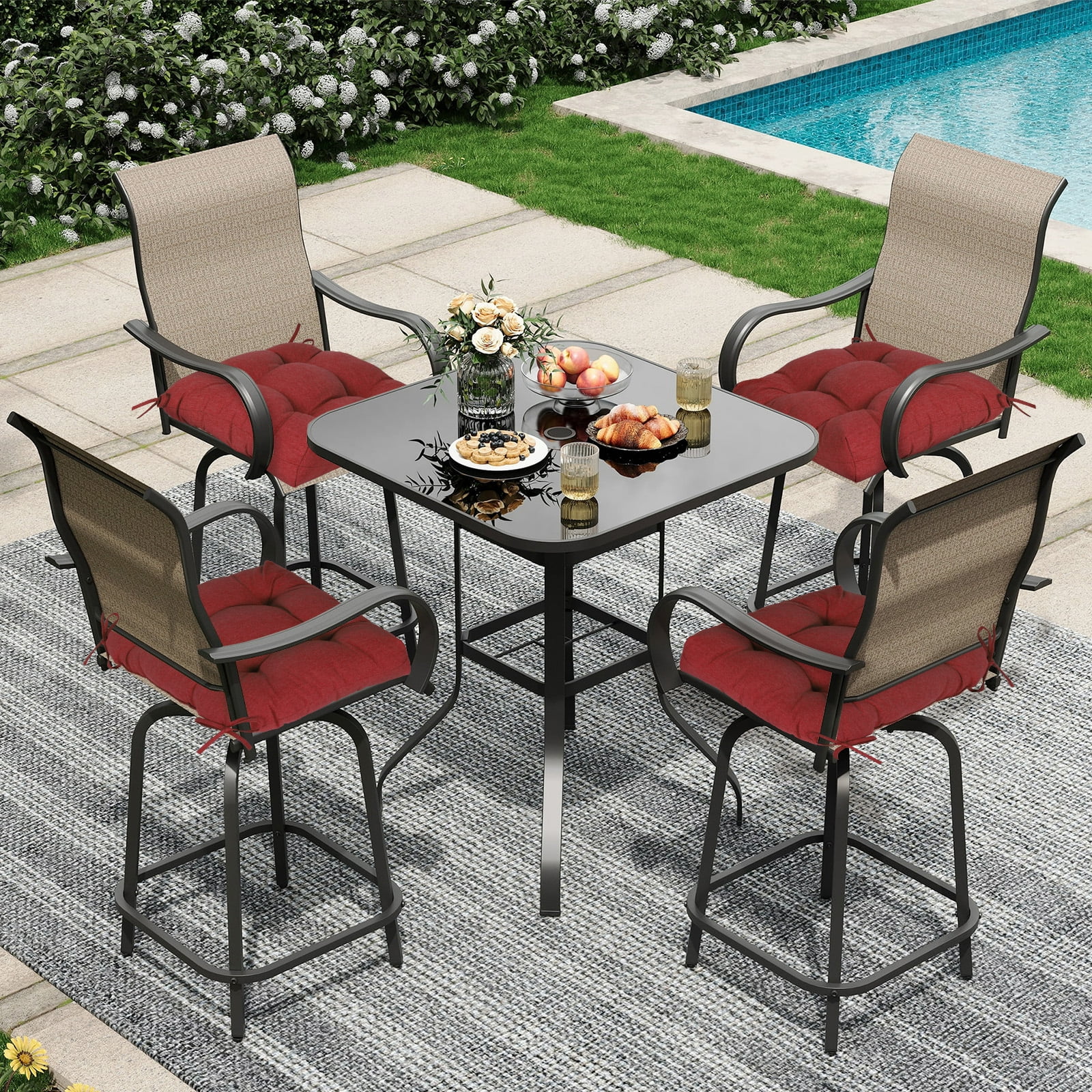 Aoodor 19x19x5 Inch Tufted Outdoor Chair Cushions, Water and Fade Resistant Polyester Dining Chair Pads with Ties for Patio Furniture, Set of 2, Red