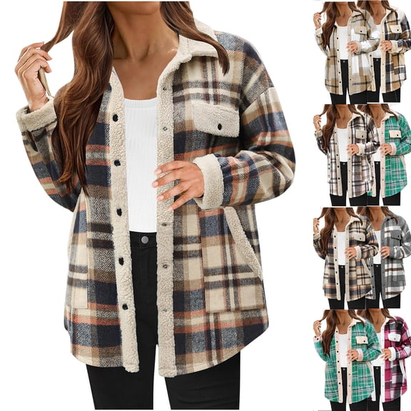 MexChoioe Womens Sherpa Lined Jacket Plaid Lapel Collar Snap Button Long Sleeve Fall Winter Warm Outer Coat with Pockets