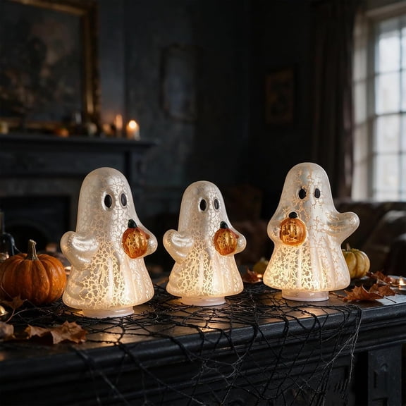 Set of 3 Illuminated Mercury Glass Ghosts, Vintage Style Halloween Ghost Decorations with Pumpkins, Lighted Indoor Tabletop Decor for Mantel Shelf Fall Home