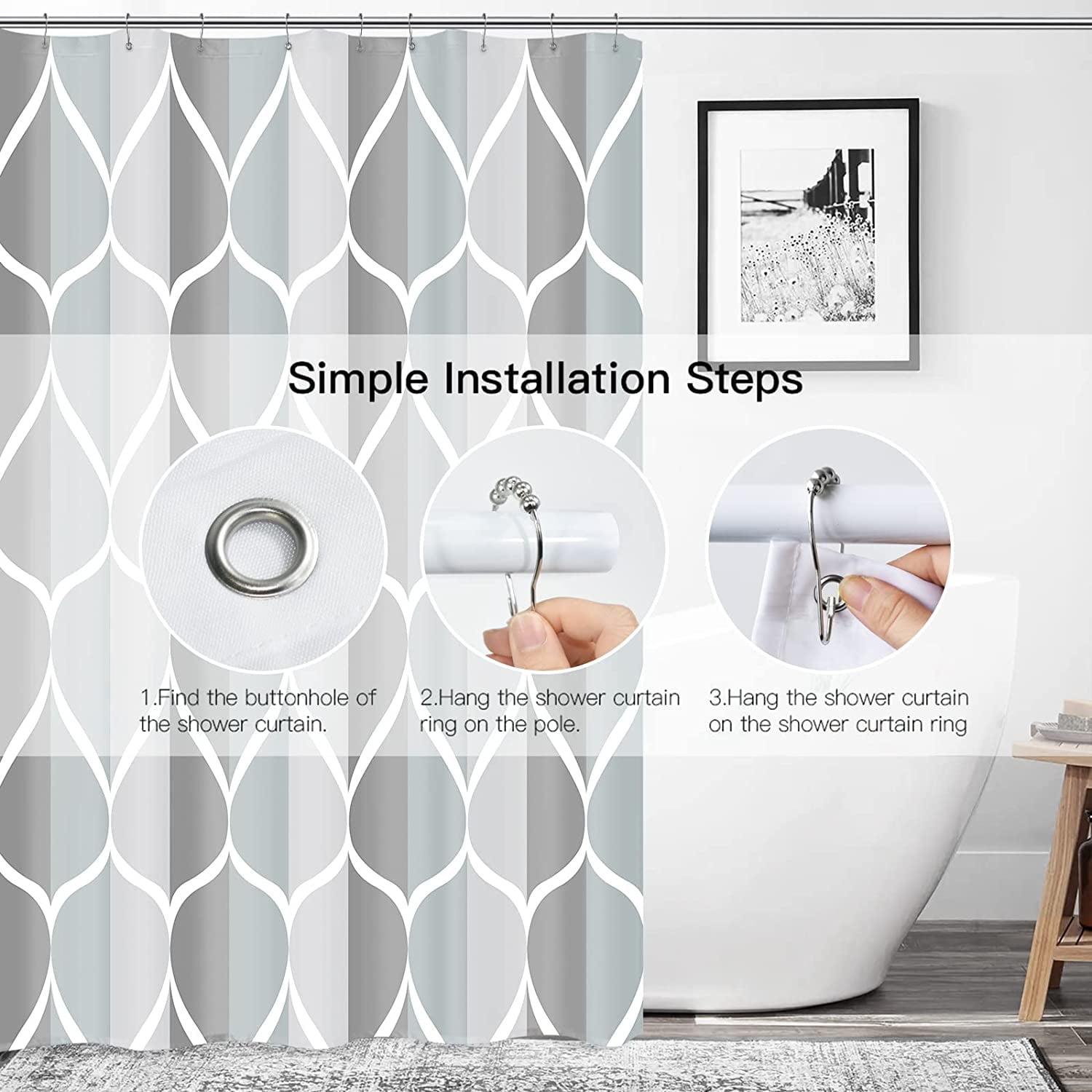 Grey Fabric Bath Shower Curtain,Waterproof Design and Polyester,Quick-Drying,Heavy Weight,Extra Long Cloth Shower Curtain Set for Bathroom W 72 x H 84,Durable and Washable with 12 Hooks
