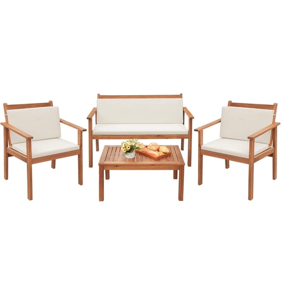 4 Piece Outdoor Bistro Set, Acacia Wood Patio Furniture with Coffee Table and Waterproof Cushions, Compact Design for Balcony Beach Backyard Garden, Wood