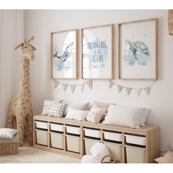 UNFFRAMED Luvia Underwater Nursery Wall Art Set of 3, Whale Dolphin Sea Animal Prints, Nautical Baby Room Decor Set 3 Prints 8x12