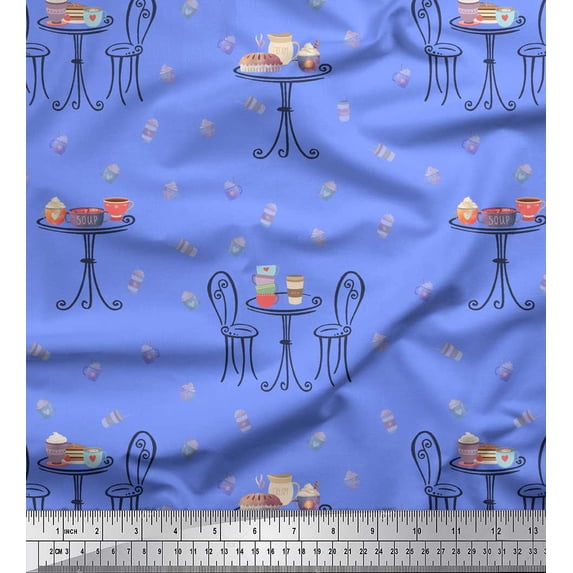 Soimoi Blue Poly Georgette Fabric Chair,Round Table & Cupcakes Party Decor Fabric Printed Yard 52 Inch Wide