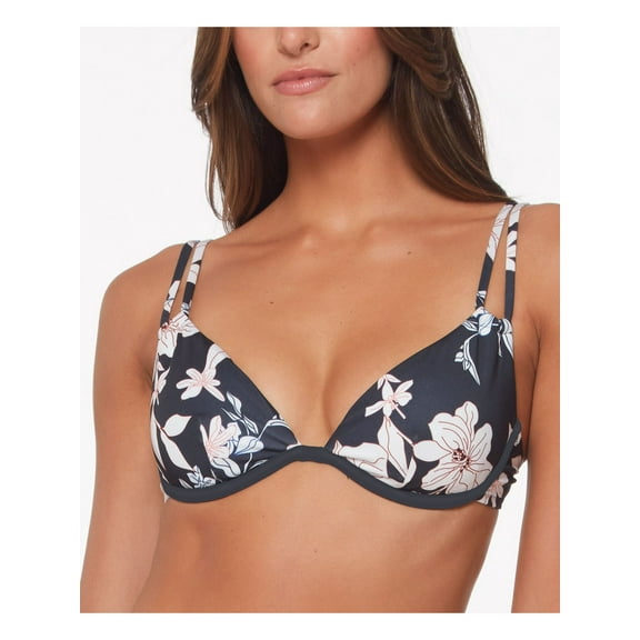 SANCTUARY Women's Gray Floral Removable Cups Deep V Neck Strappy Night In The Jungle Swimsuit Top D