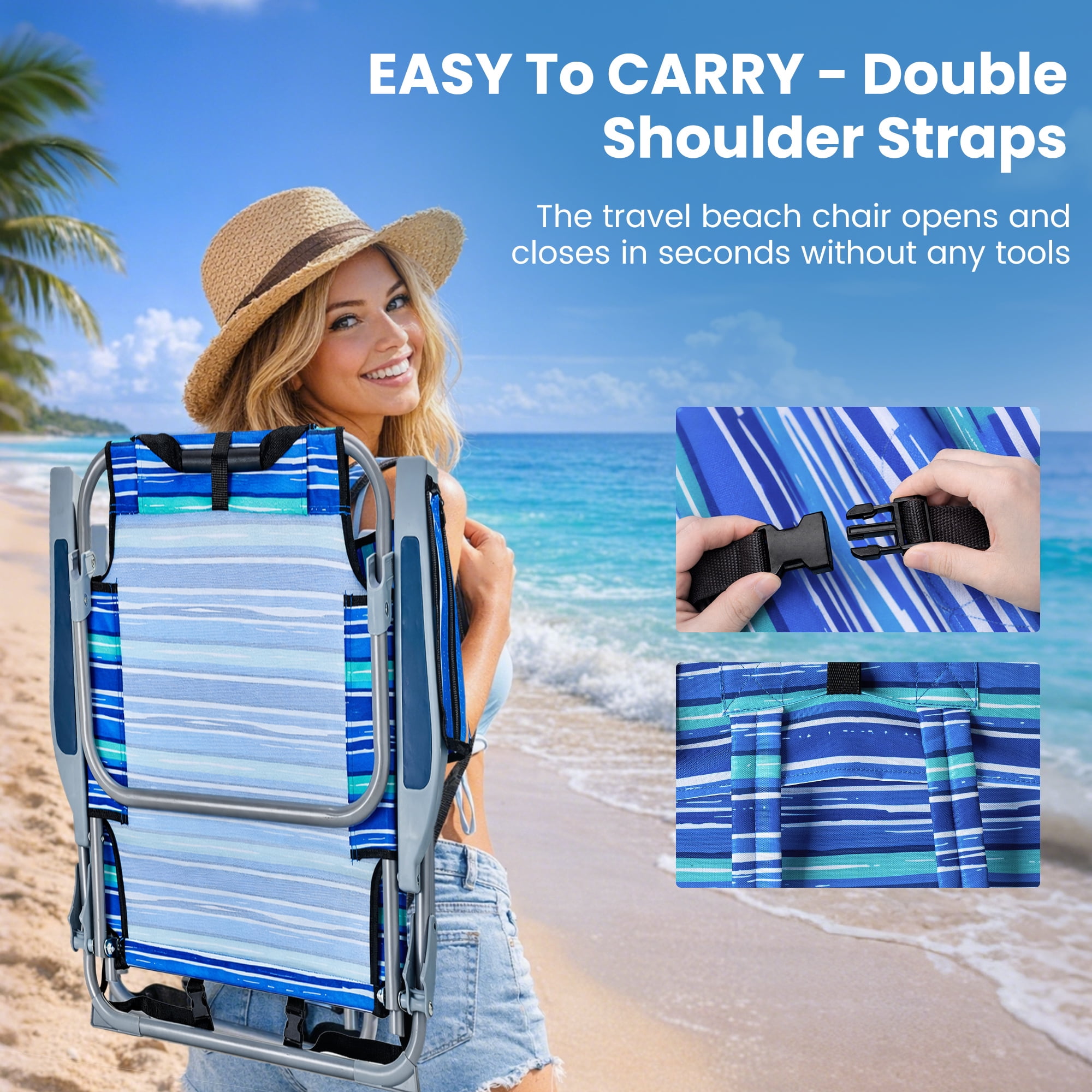 GVDV Backpack Beach Chair Set of 2, Portable Folding Beach Chair with Cup Holder and Towel Bars, 4-Position Adjustable Reclining Chair for Beach, Camp, Outdoor
