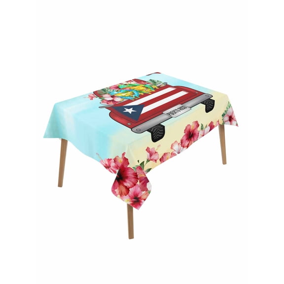 Puerto Rican Flag Table Cloth, Waterproof Tablecloth for Rectangle Tables, Vintage Country Truck Flowers Blue Beige Reusable Washable Fabric Table Cover for Restaurant Kitchen Dining Tables 60"x84"