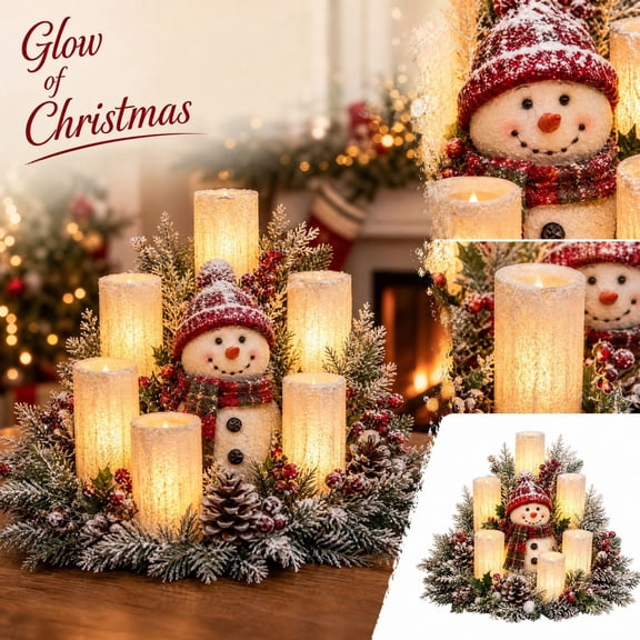 Christmas Lighted Centerpiece with Flameless Candle Glow, Holiday Table Decor with 6 Warm White LED Candles Pine Cones Red Berries, Indoor Christmas Tabletop for Dining Room Mantel Shelf Decorations