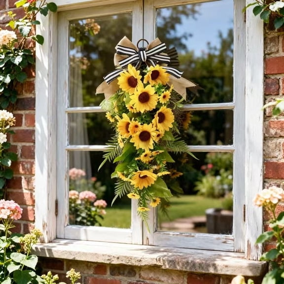 Spring Wreath Door Hanging Simulation Sunflower Teardrop Wreath, Garden Style Artificial Flowers Hanging for Home Living Room Front Door Patio Yard Garden Decor, 24in, Multicolor