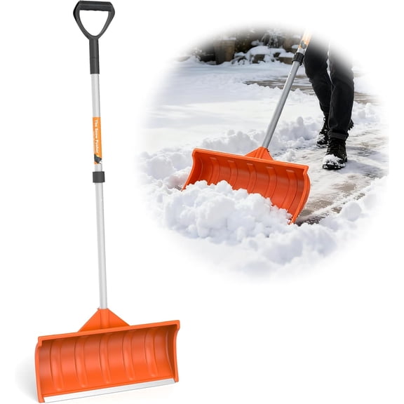 Snow Pusher, 24-inch Wide Snow Shovel for Driveway, Snow Removal Tool for Car Garage, Sidewalks and Doorways, Snow Pusher Shovel with Ergonomic Grip and Aluminum Strip, Orange