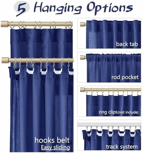 Classic Blue Linen Semi Sheer Curtains 84 Inches Length Light Filtering Neutral Farmhouse Boho Rod Pocket Back Tab Hook Belt Clip Rings Window Drapes for Bedroom Living Room 2 Panels 52x84